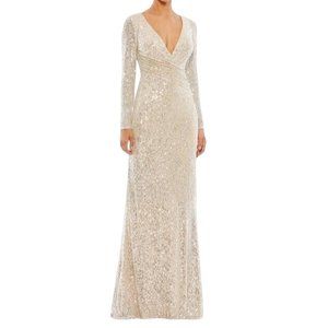 MAC DUGGAL IEENA Sequined Faux Wrap Long Sleeve Gown Size.8 NWT Nude Silver 0064